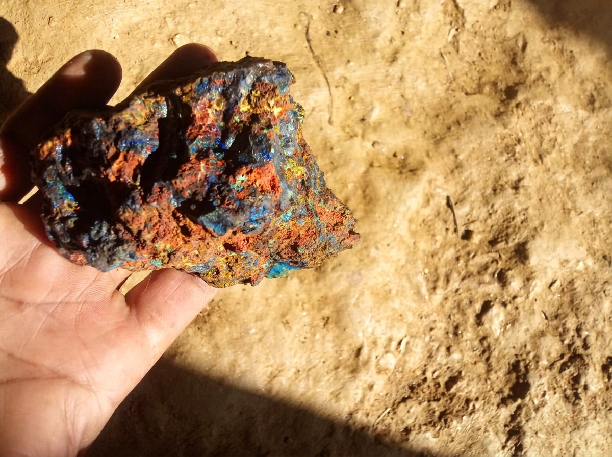 Hand holding a rough blue-grey and rust-coloured mineral specimen outdoors