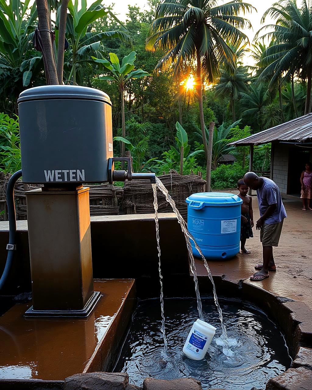 Clean drinking water flowing from a community treatment unit built by KWE Metals in a tropical village at golden hour